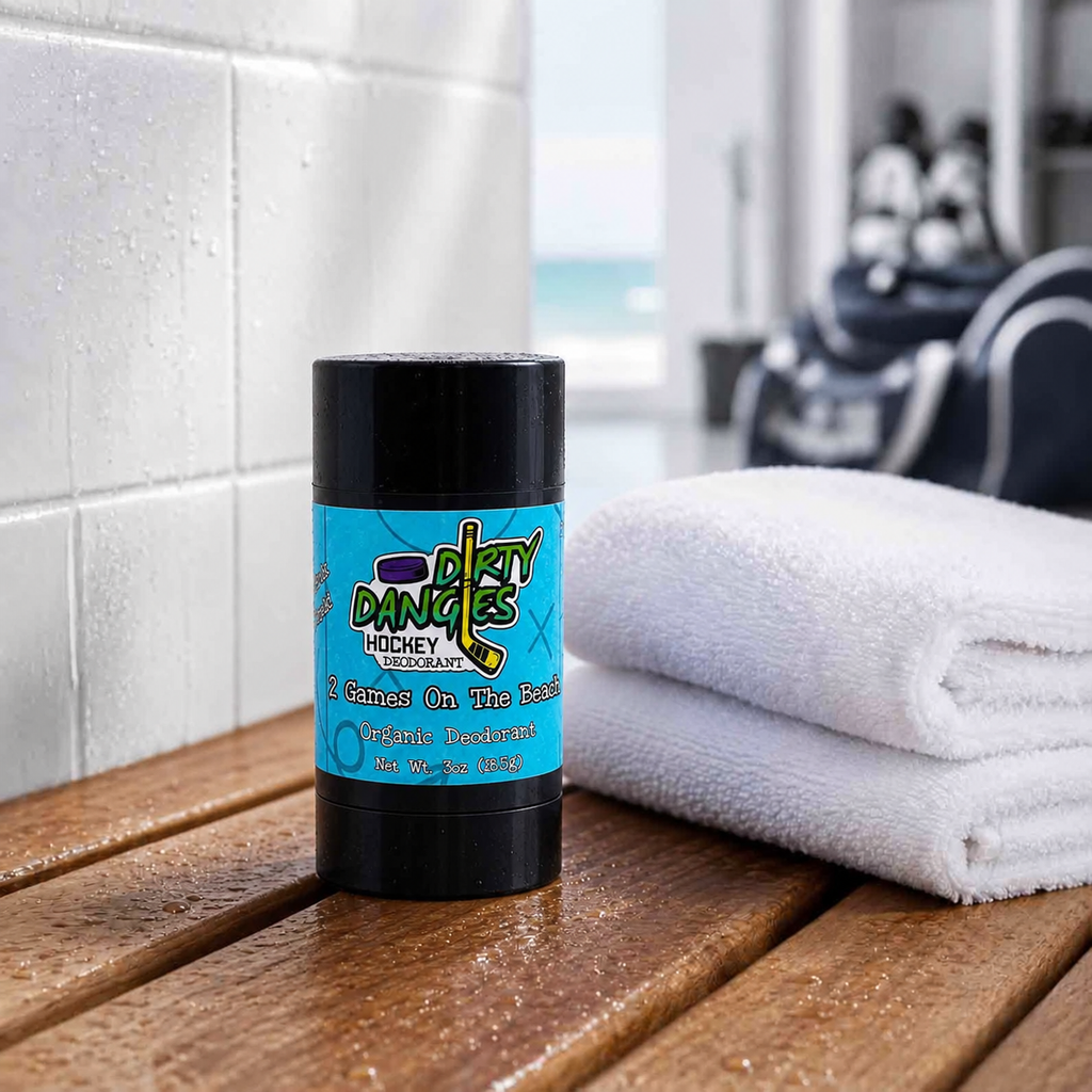 aluminum-free deodorant 2 games on the beach scent on a bench in a hockey locker room.