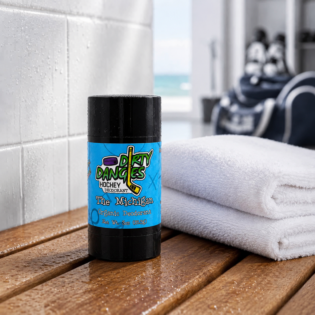 aluminum-free deodorant The Michigan scent on a bench in a hockey locker room.