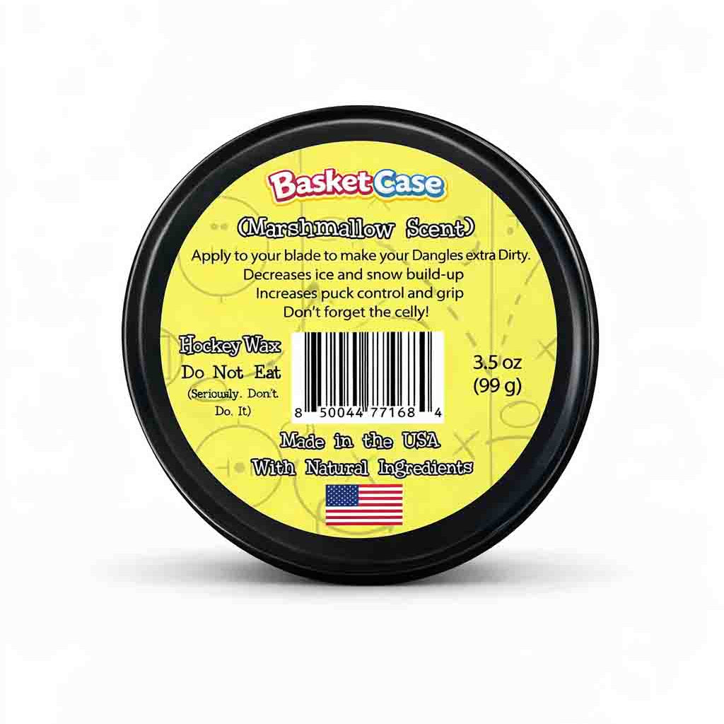Tin of Dirty Dangles Basket Case marshmallow candy scented Hockey Wax on a white background