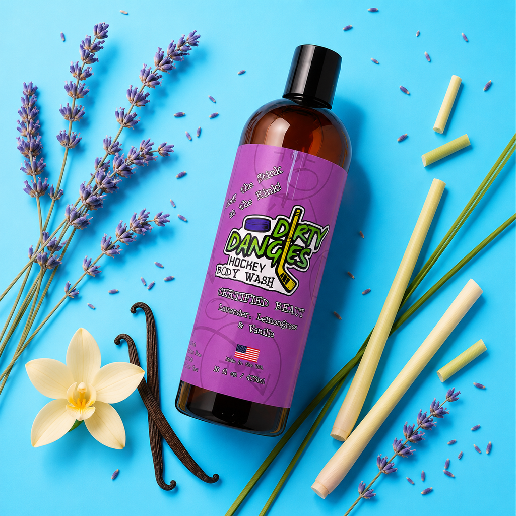 a bottle of certified beaut lavender lemongrass and vanilla girls hockey body wash on a blue background with lavender lemongrass and vanilla beans.