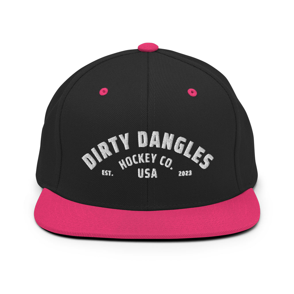 A black and neon pink flat brim hat on white background. Dirty dangles hockey co.