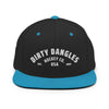 A black and neon blue flat brim hat on white background. Dirty dangles hockey co.
