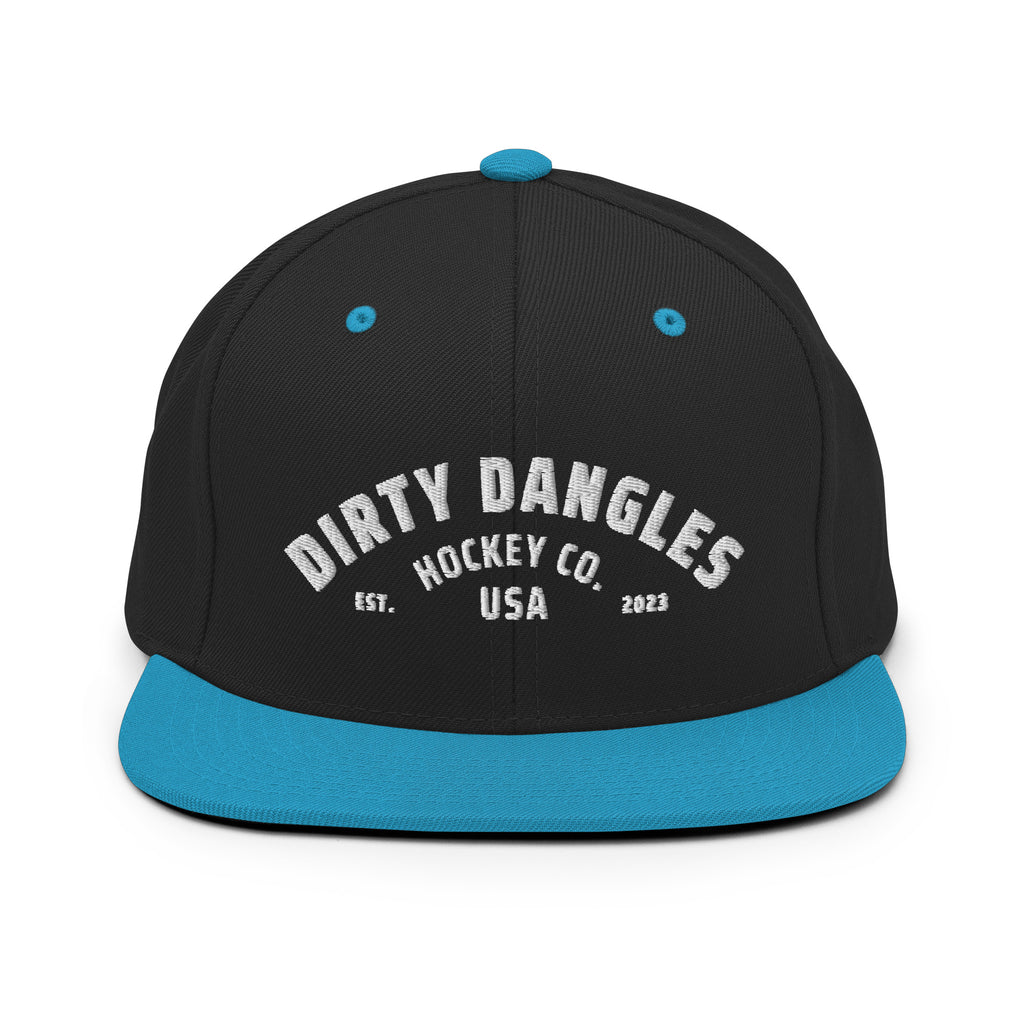 A black and neon blue flat brim hat on white background. Dirty dangles hockey co.