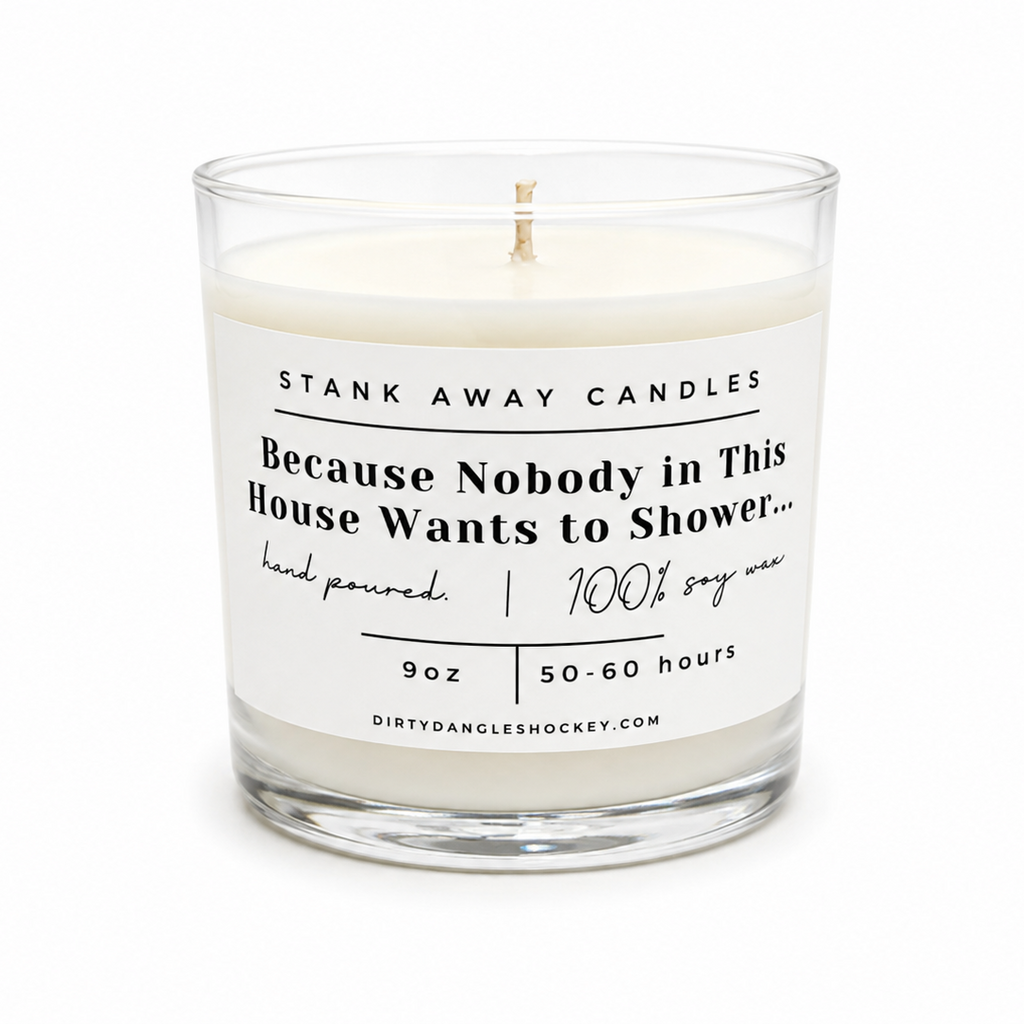 A white scented hockey candle on a white background. Because nobody in this house wants to shower...