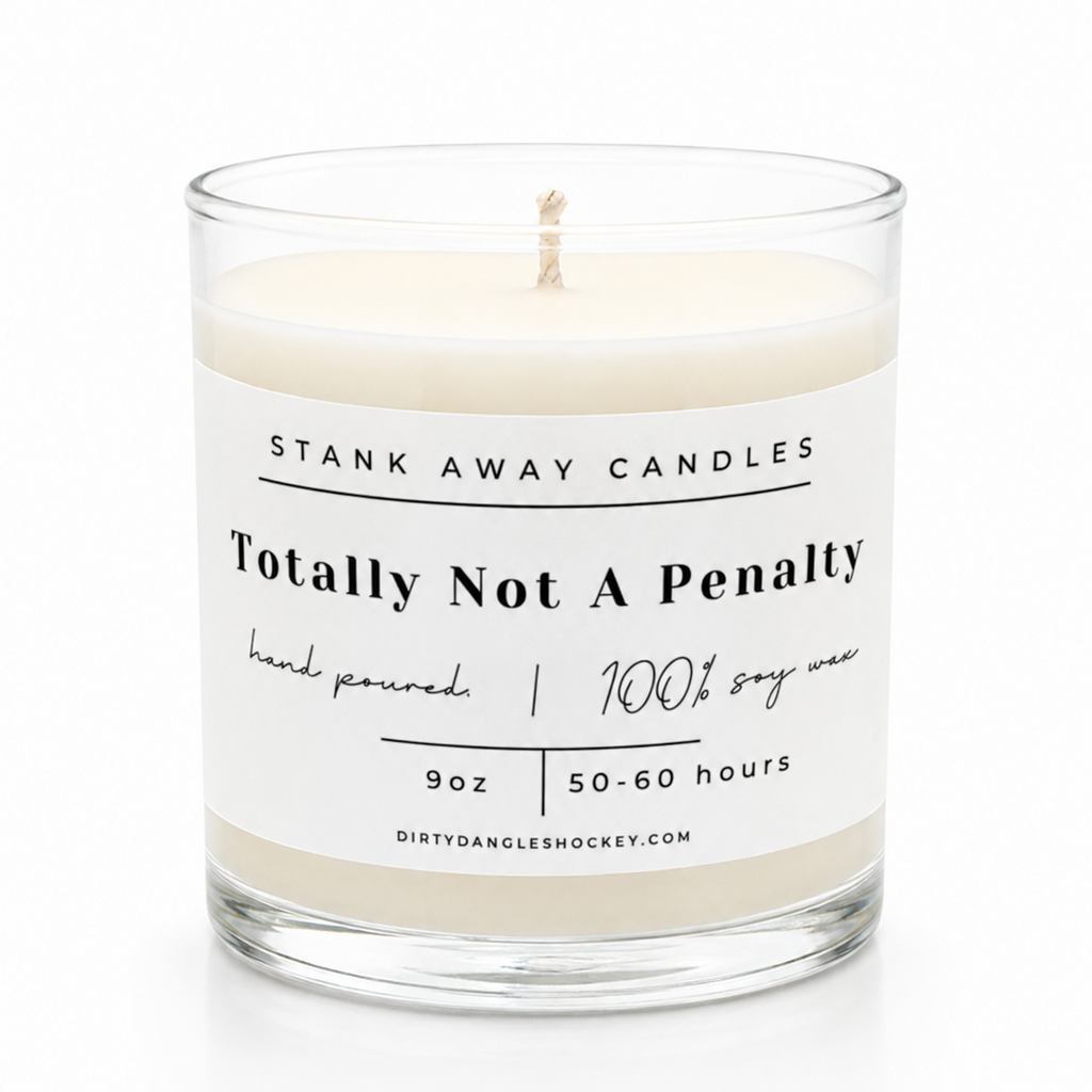 A white scented hockey candle on a white background. Totally not a penalty