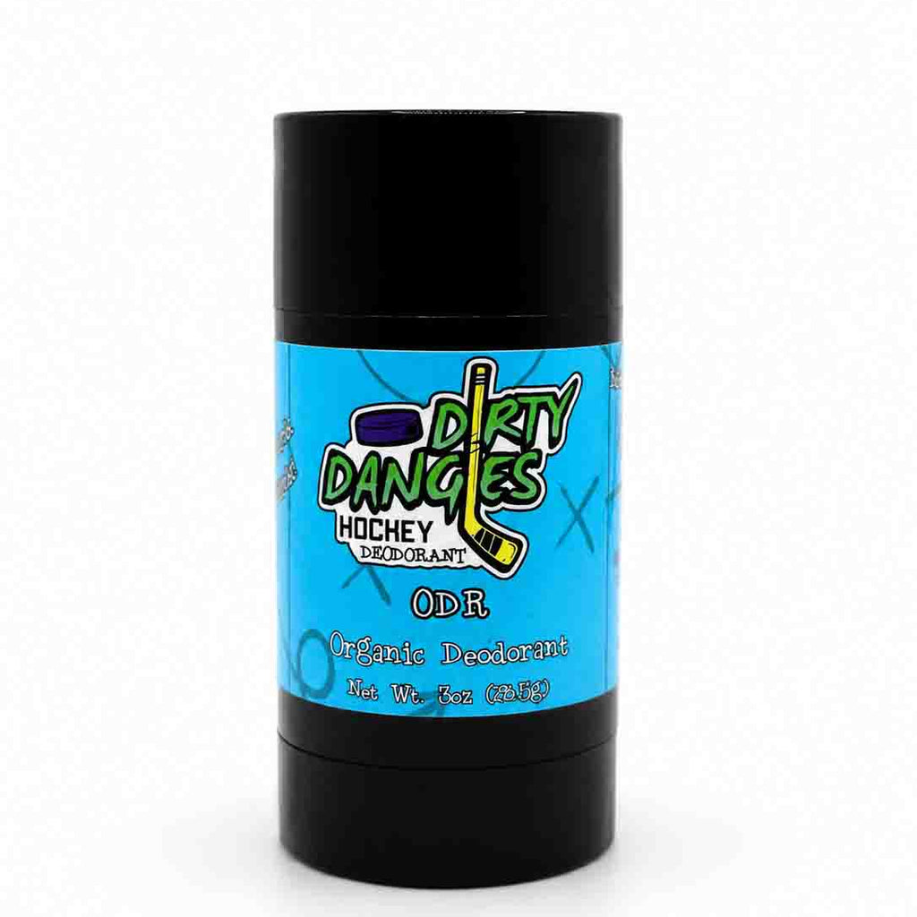 dirty dangles natural hockey Deodorant stick odr scent with blue label and black container on a white background