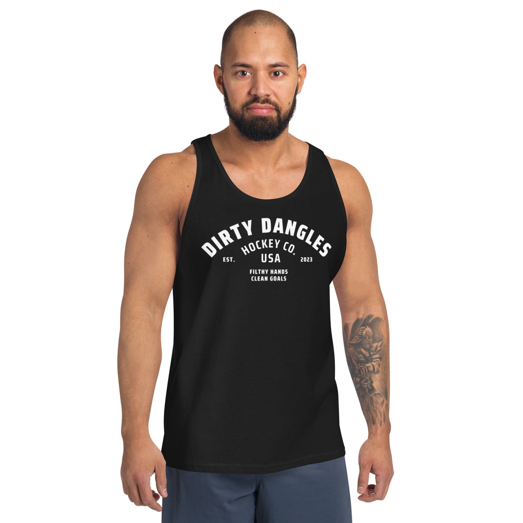 a man wearing A black dirty dangles hockey co tank top on a white background