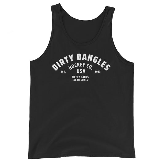 A black dirty dangles hockey co tank top on a white background