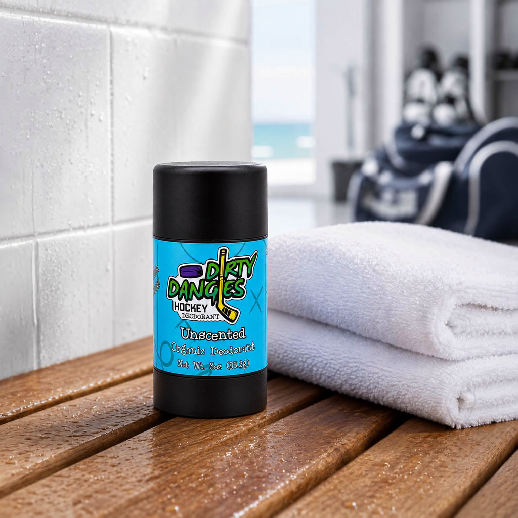 fragrance free aluminum-free deodorant Unscented on a bench in a hockey locker room. Dirty Dangles
