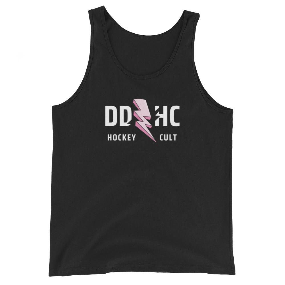 a ddhc logo mens hockey tank top on a white background