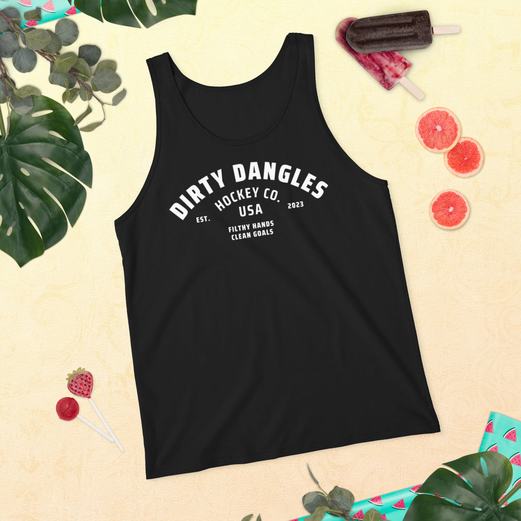 A black dirty dangles hockey co tank top on a summer theme background