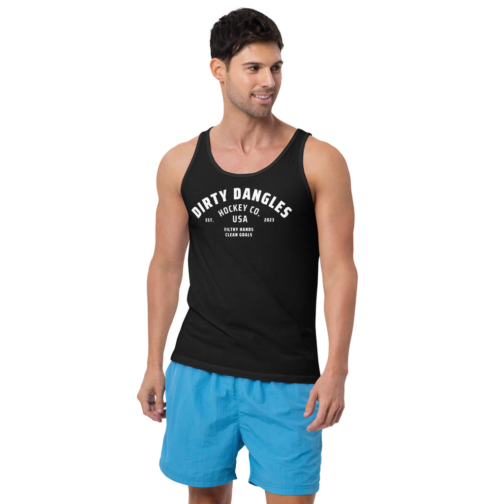 a man wearing A black dirty dangles hockey co tank top on a white background