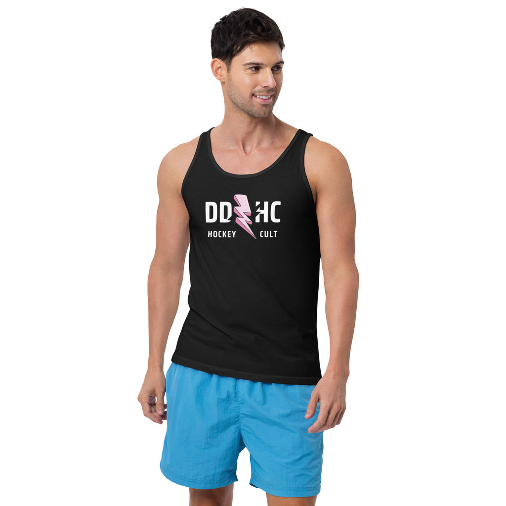 a man wearing a ddhc logo mens hockey tank top on a white background