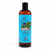 A 16 oz amber plastic bottle of Dirty Dangles puck drop scented Hockey Body Wash with a black cap and a bright blue label, shown on a white background.