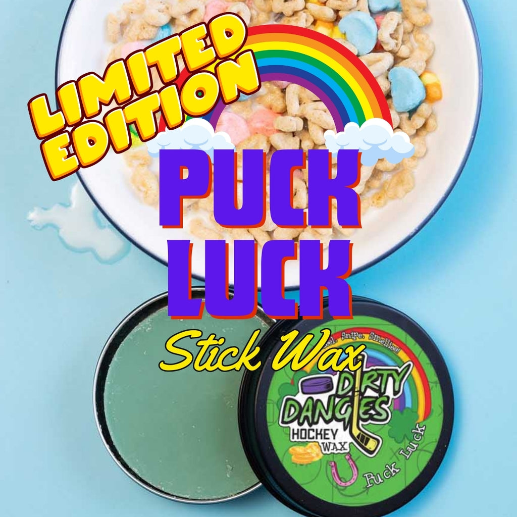 puck luck limited edition st patricks day hockey stick wax on a blue background with a bowl of lucky marshmallow cereal. Limited edition puck luck stick wax.