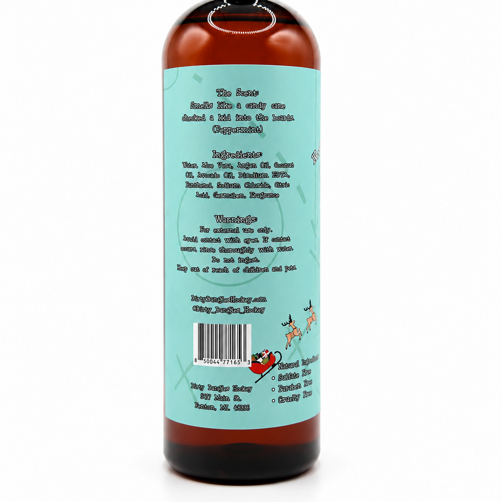 An amber bottle of dirty dangles reindeer farts candy cane scented body wash with a black cap and a light blue-green label, shown from the back on a white background.