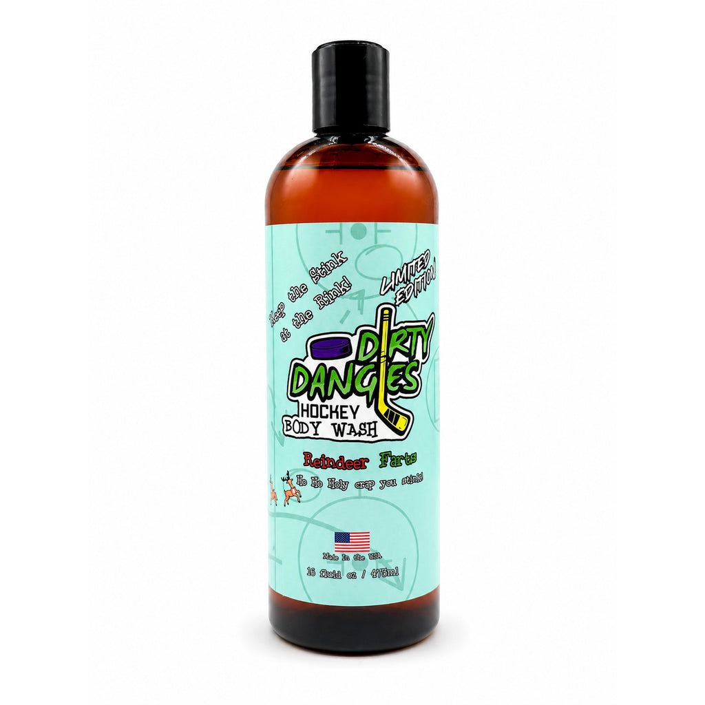 A bottle of Dirty Dangles Hockey Body Wash reindeer farts candy cane scent with a light blue label and black cap, shown on a white background.