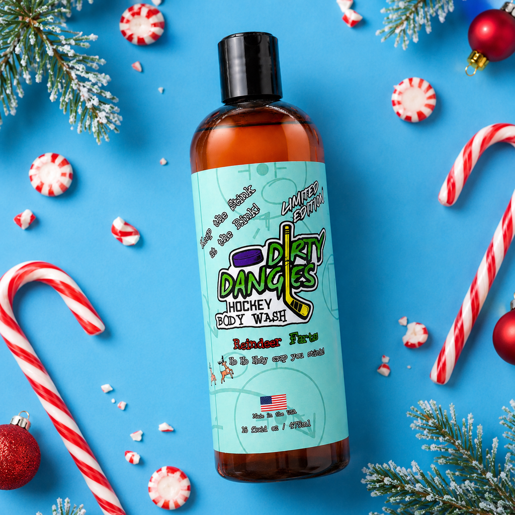 a bottle of reindeer farts christmas candy cane scented hockey body wash on a blue background with christmas trees, candy canes and red christmas ornaments.