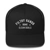A black snapback trucker hat on white background. Filthy hands clean goals