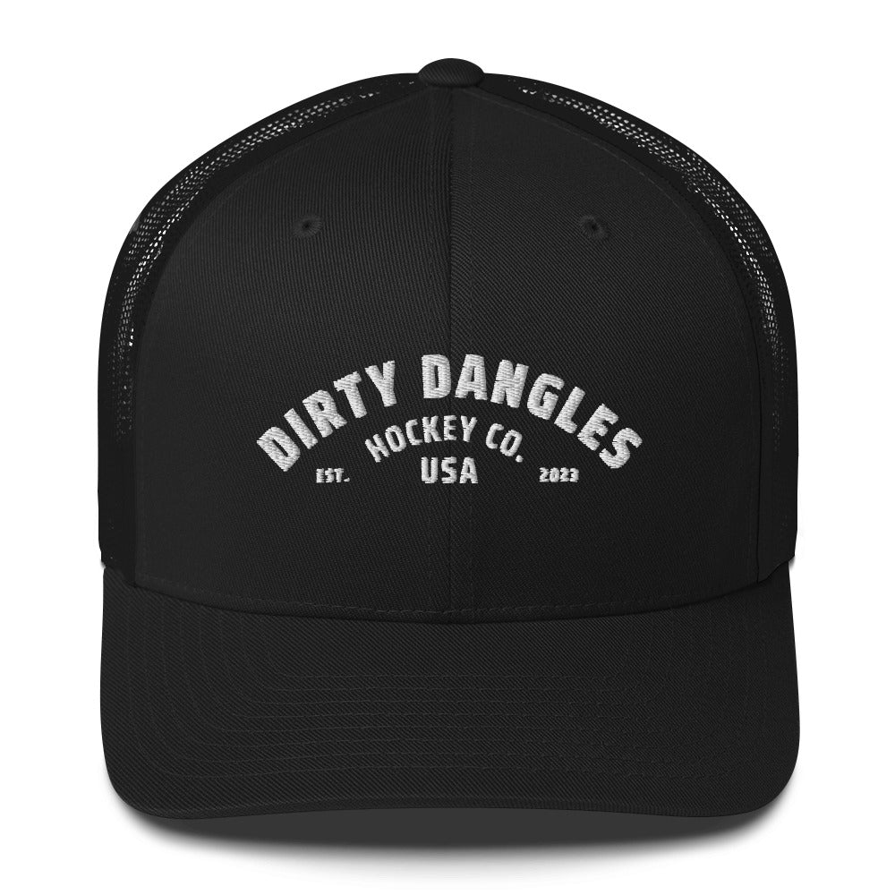 A black snapback mesh trucker hat on white background. Dirty dangles hockey co.