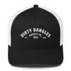 A black and white snapback mesh trucker hat on white background. Dirty dangles hockey co.