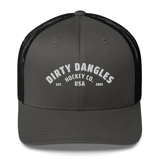 A black and gray snapback trucker hat on white background. Dirty dangles hockey co.