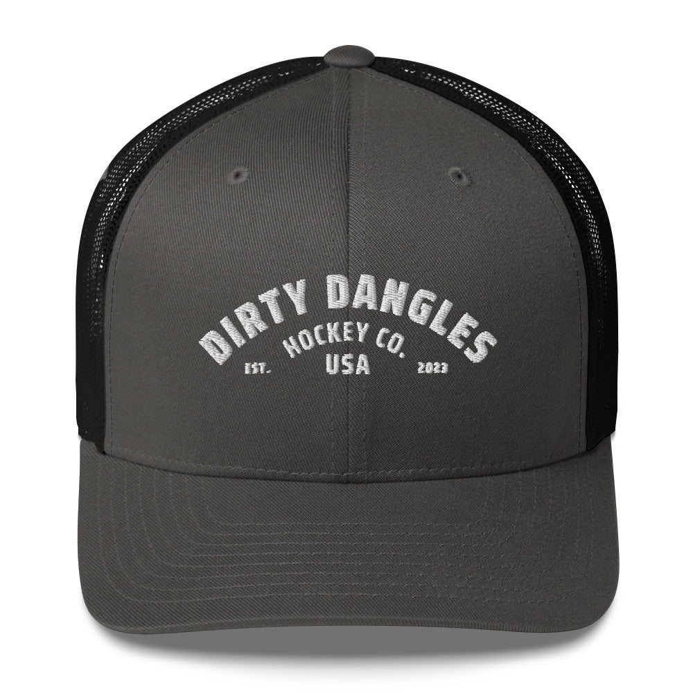 A black and gray snapback mesh trucker hat on white background. Dirty dangles hockey co.