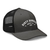 A black and gray snapback mesh trucker hat on white background. Dirty dangles hockey co.