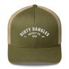 A green and khaki snapback mesh trucker hat on white background. Dirty dangles hockey co.