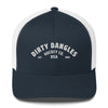 A blue and white snapback mesh trucker hat on white background. Dirty dangles hockey co.