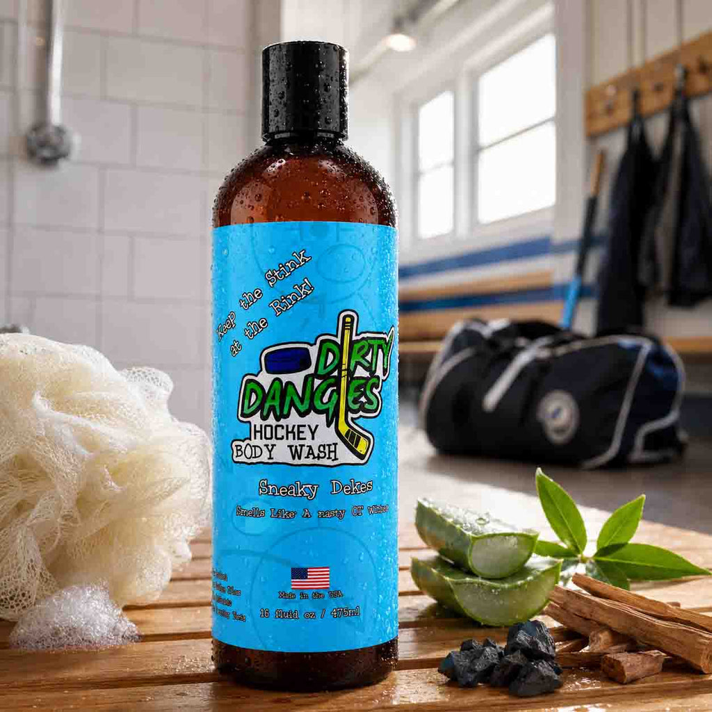 Sneaky Dekes aloe and sandalwood Hockey Body Wash on a wooden bench in a locker room with aloe and sandalwood