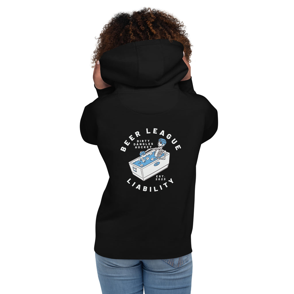 a woman modeling the back of a black pullover hoodie sweatshirt with a skeleton drinking a beer while sitting in a cooler of ice. beer league liability dirty dangles hockey est 2023. white background