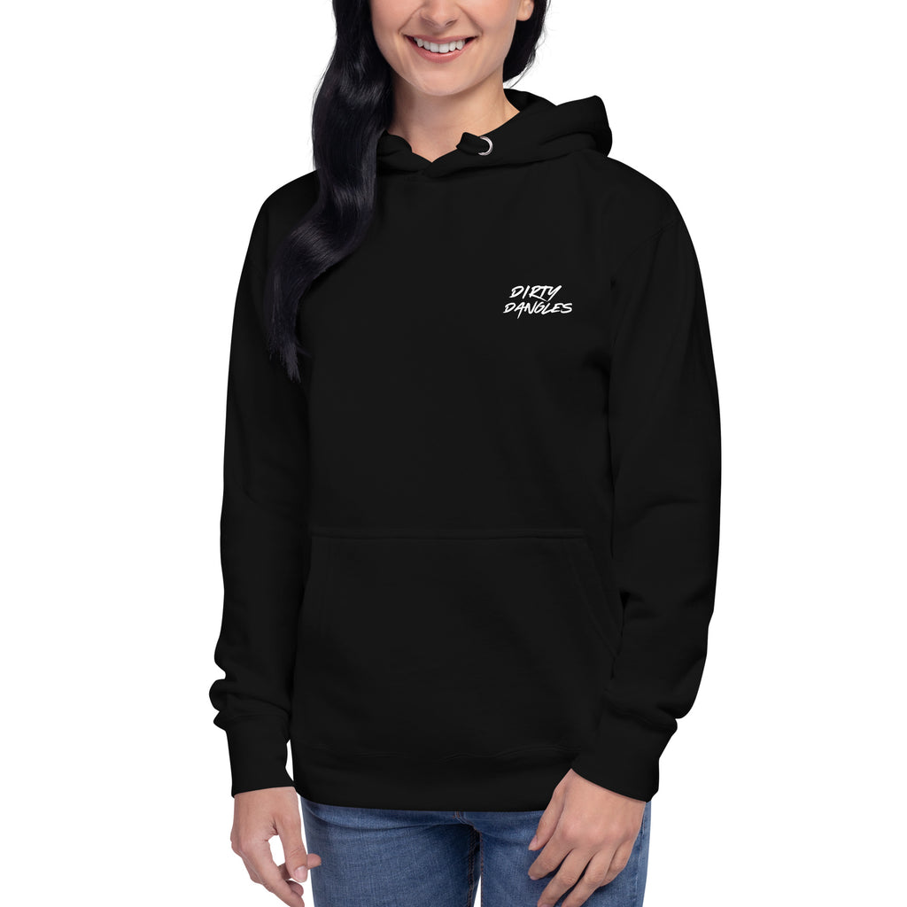 a woman modeling the front of a black pullover hooded sweatshirt hoodie tee on a white background. dirty dangles