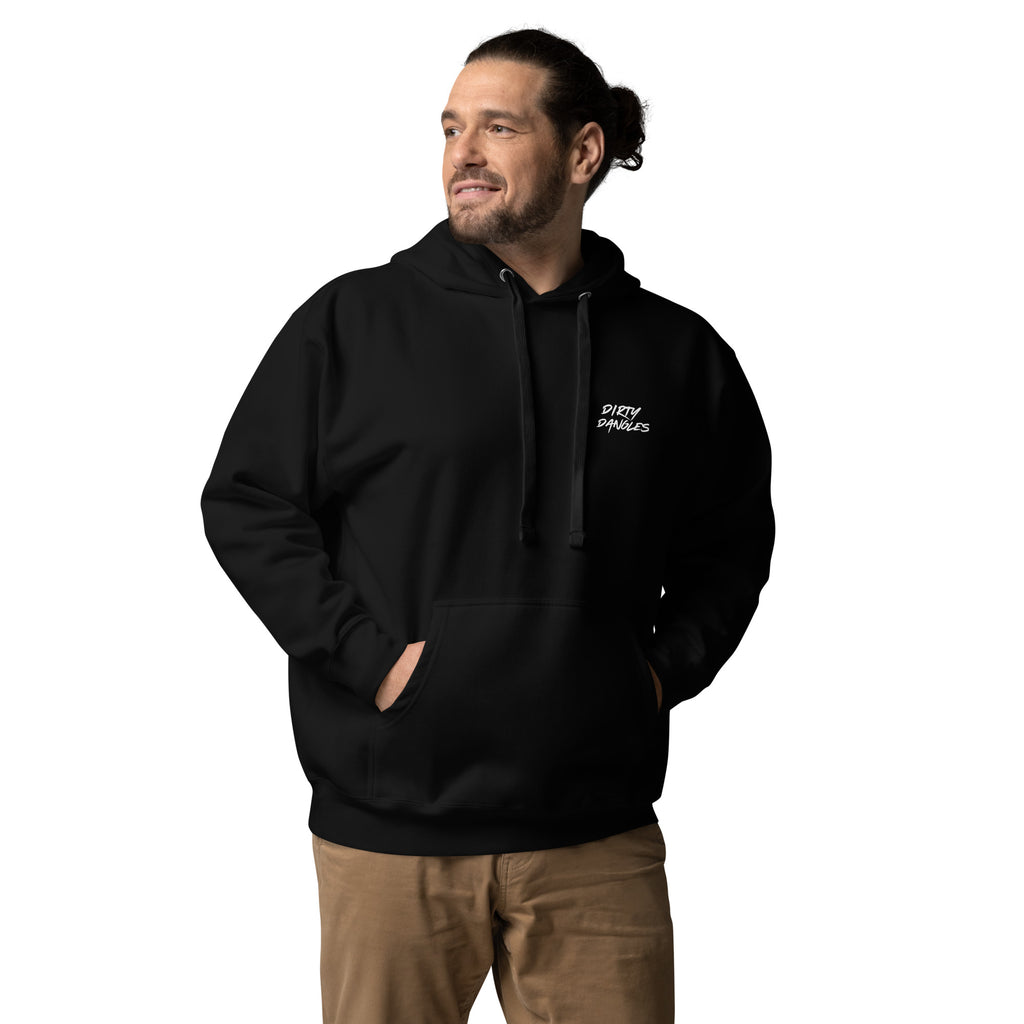 a man modeling the front of a black pullover hooded sweatshirt hoodie tee on a white background. dirty dangles