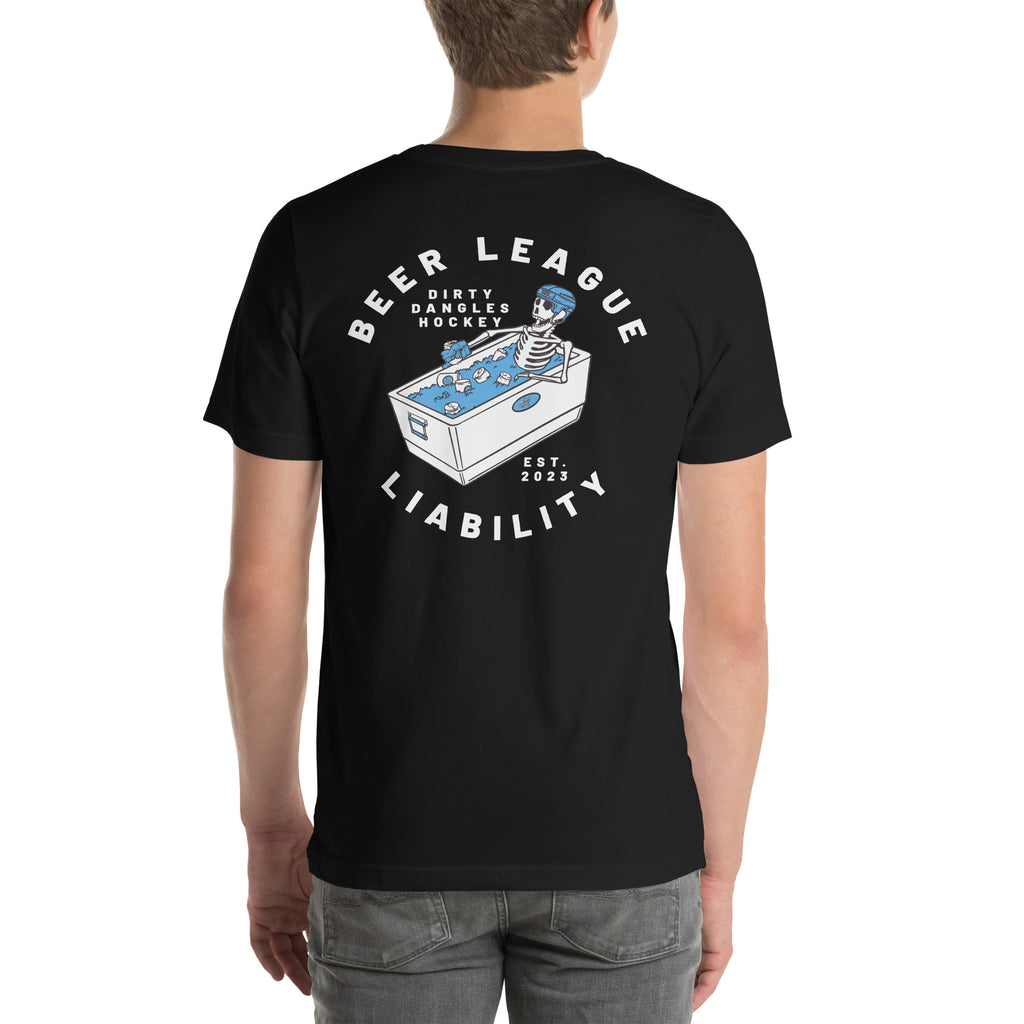 a man showing the back of a black t shirt tee with a skeleton drinking a beer while sitting in a cooler of ice. beer league liability dirty dangles hockey est 2023. white background