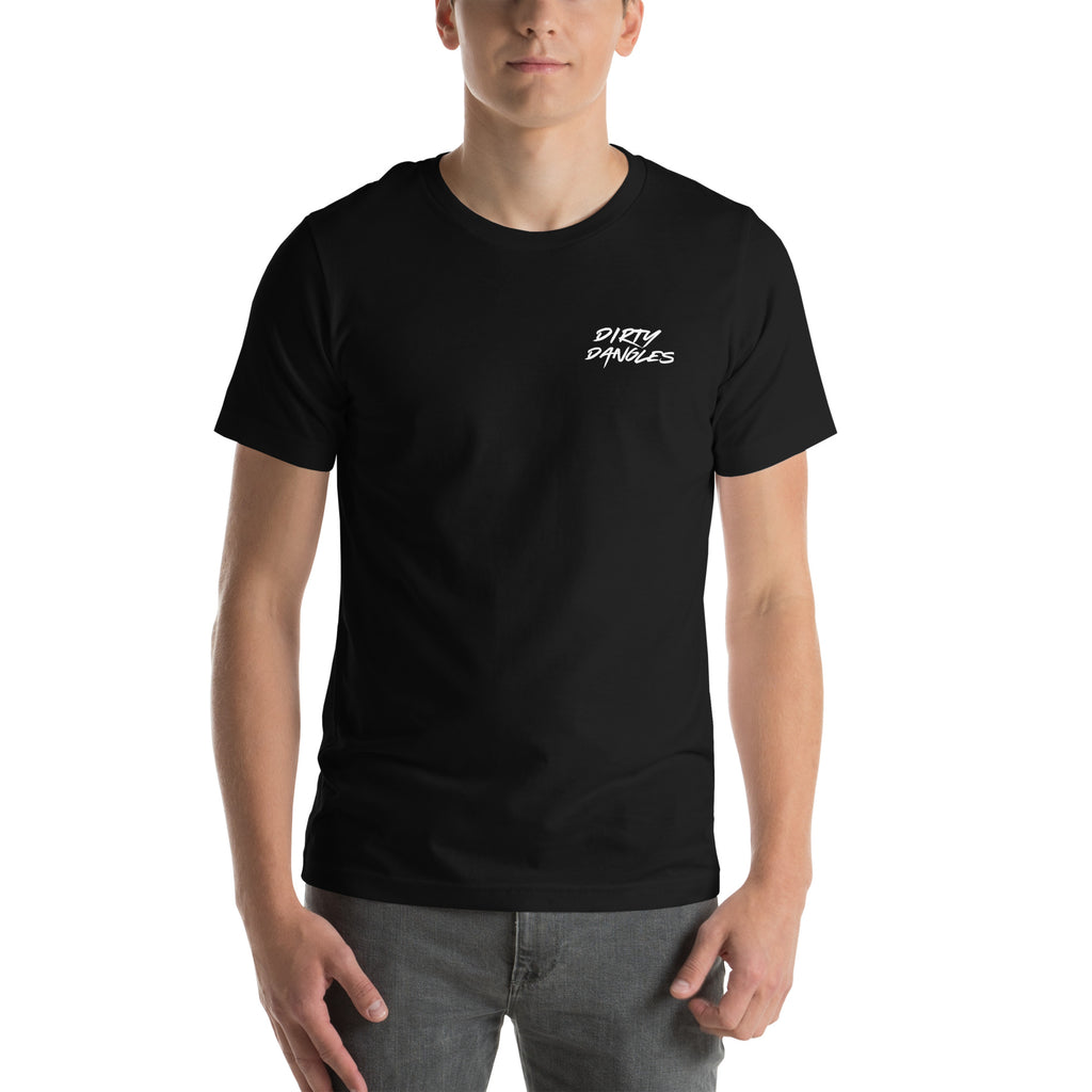 a man showing the front of a black t shirt tee on a white background. dirty dangles