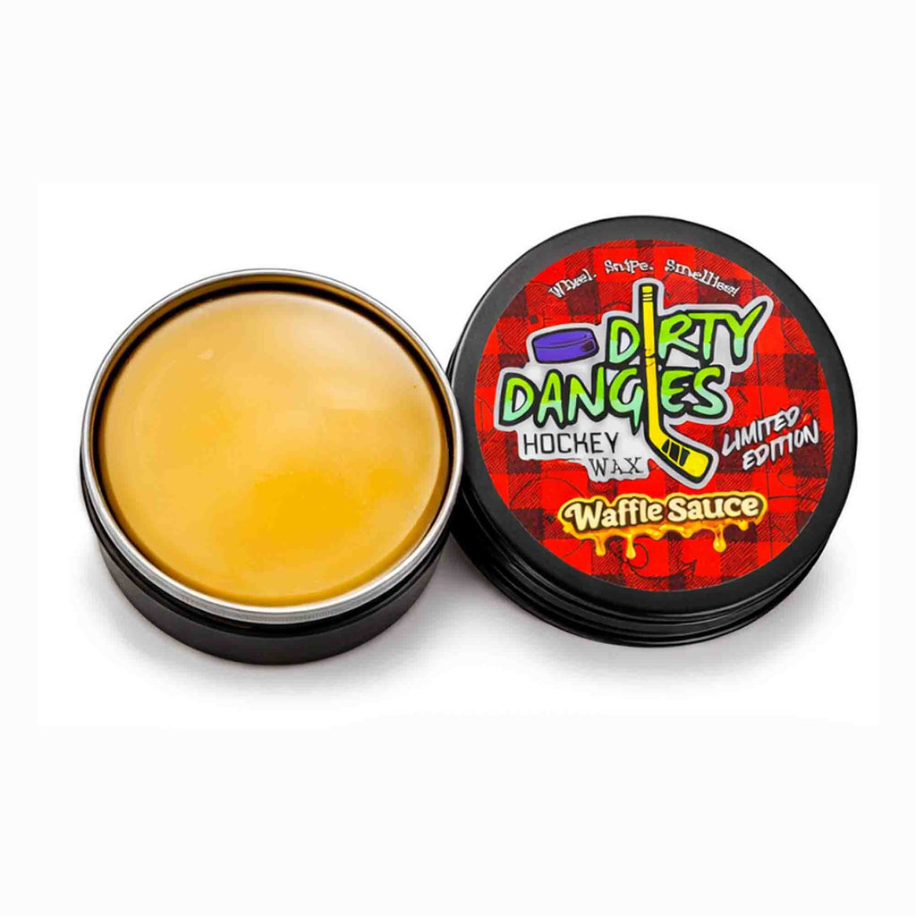 Open container of  Waffle Sauce scent hockey wax with 'Dirty Dangles' branding on a white background