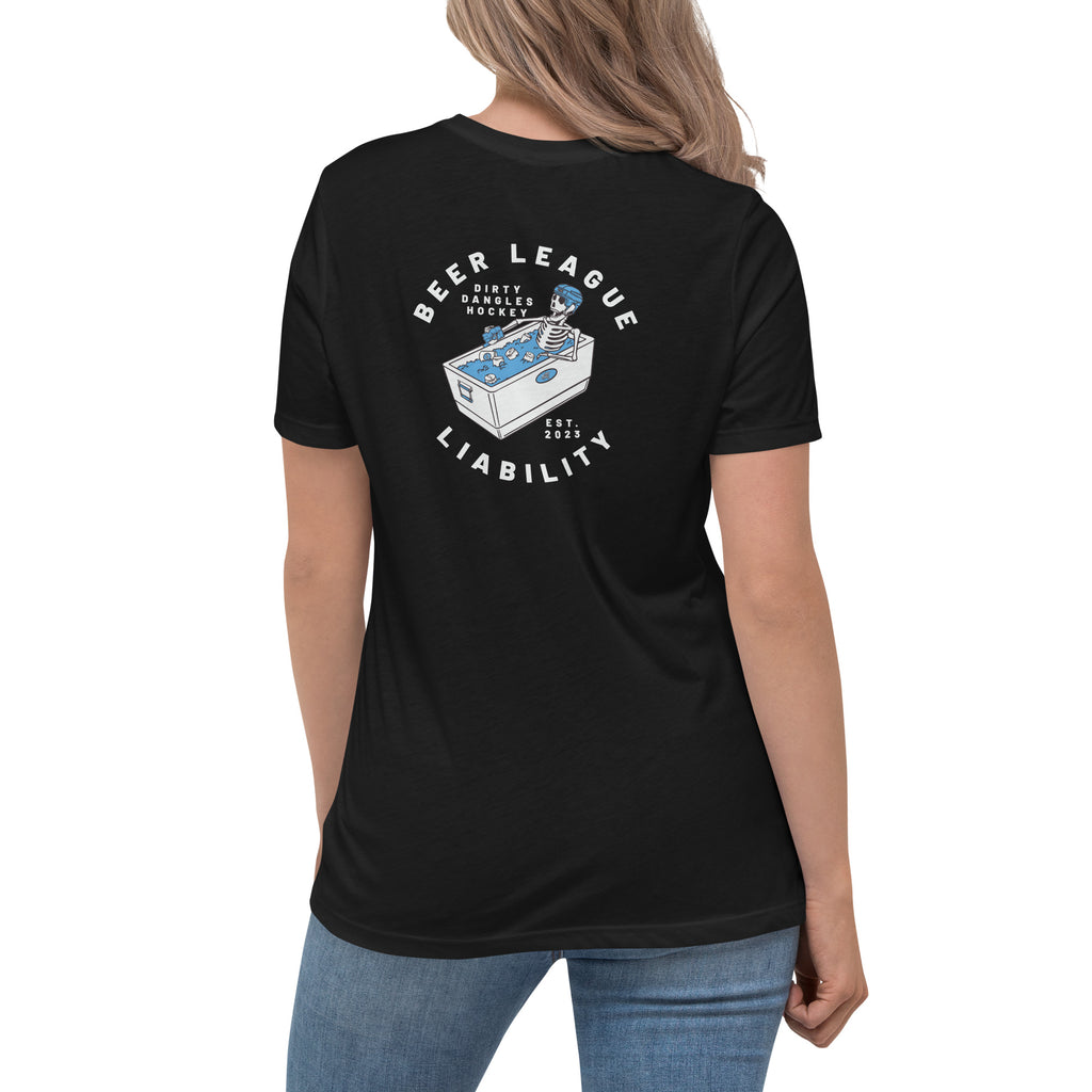 a woman showing the back of a black t shirt tee with a skeleton drinking a beer while sitting in a cooler of ice. beer league liability dirty dangles hockey est 2023. white background