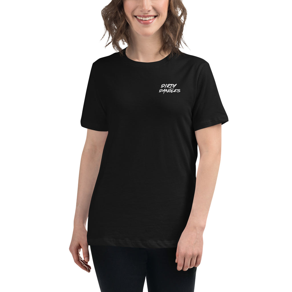 a woman showing the front of a black t shirt tee on a white background. dirty dangles