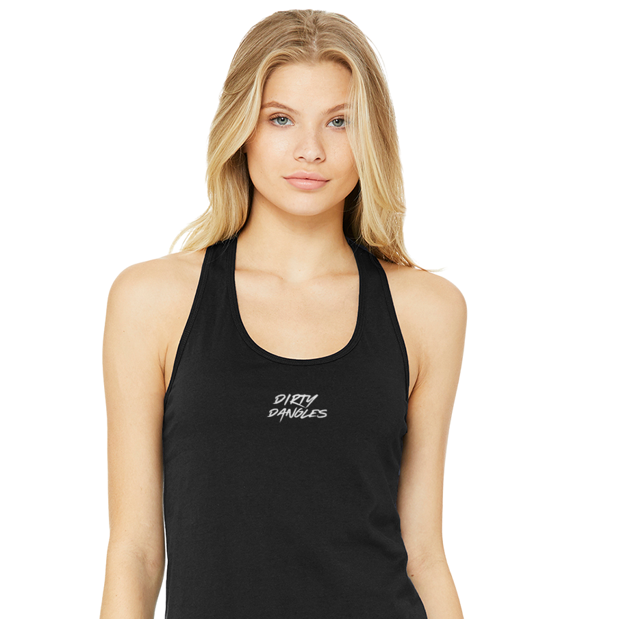 a woman showing the front of a black tank top on a white background. dirty dangles