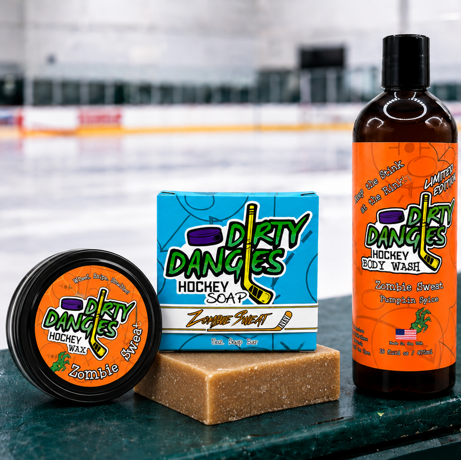 dirty dangles zombie sweat pumpkin spice scented bundle stick wax soap bar and body wash on hockey boards 