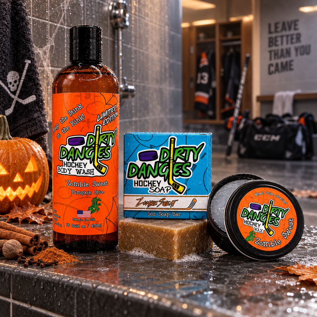 dirty dangles zombie sweat pumpkin spice scented bundle stick wax soap bar and body wash in a spooky halloween locker room